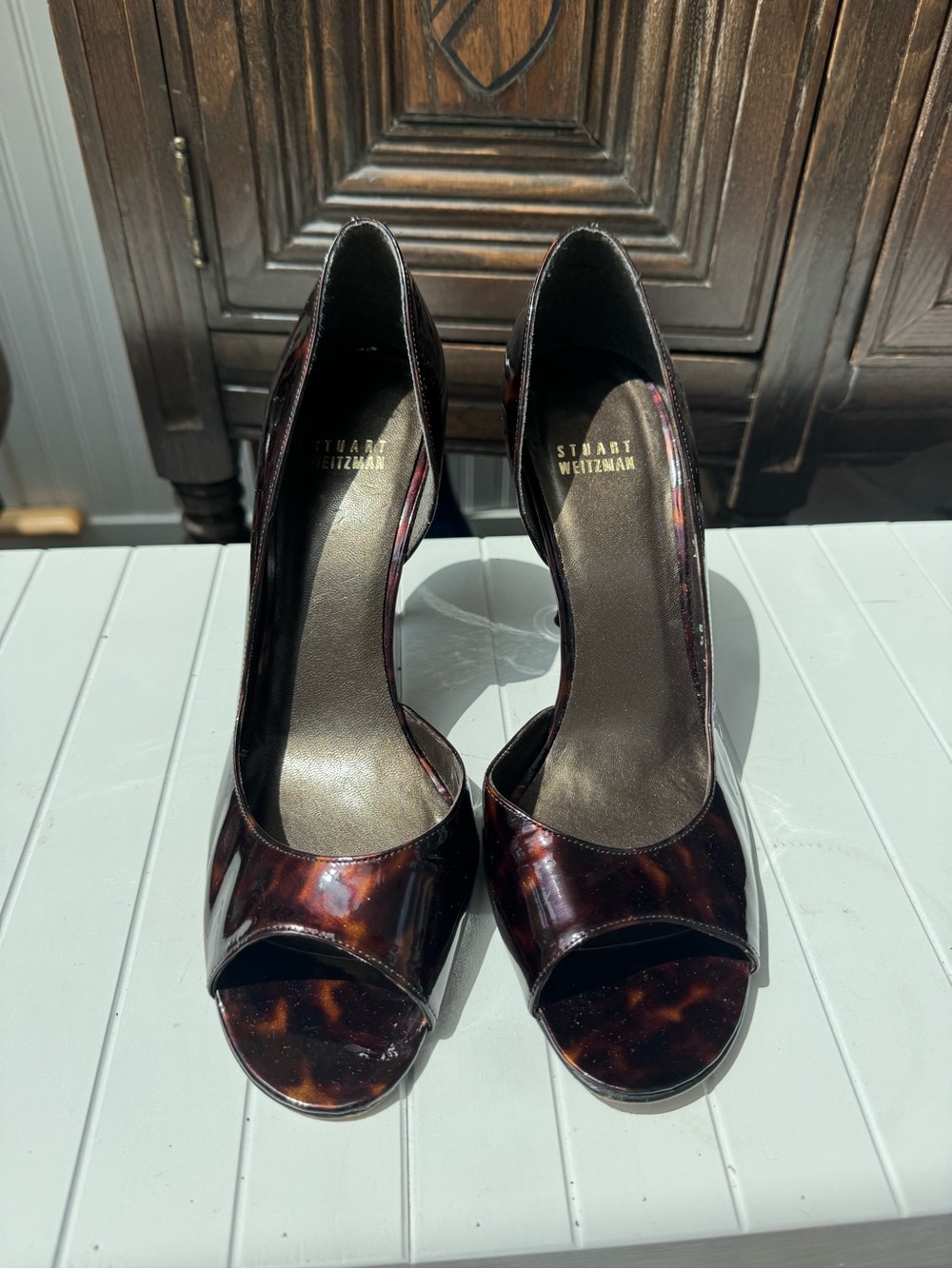 Stuart Weitzman Tortoiseshell Patent Peep-Toe Pumps - Brown/Black